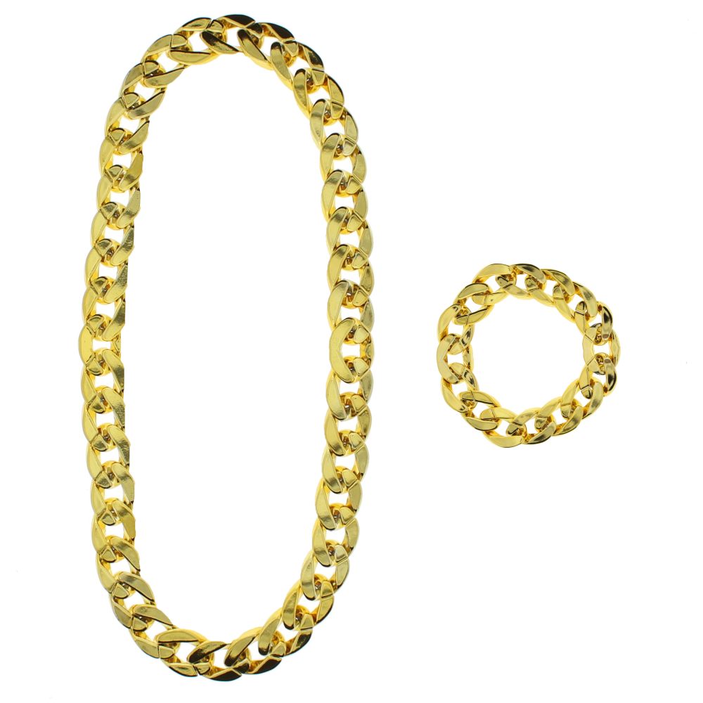 Zac's Alter Ego - Gangster Thick Gold Chain Necklace & Bracelet Set Ensemble d'accessoires de costume - Couleur or